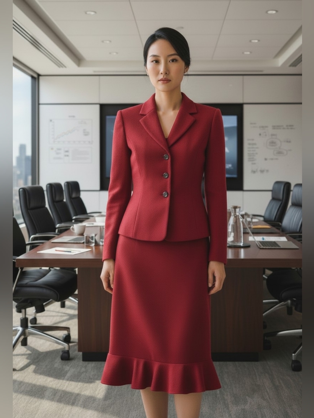 TOMATO RED 2-Piece, Tomato Red Power Suit w/ Ruffle Hem Skirt